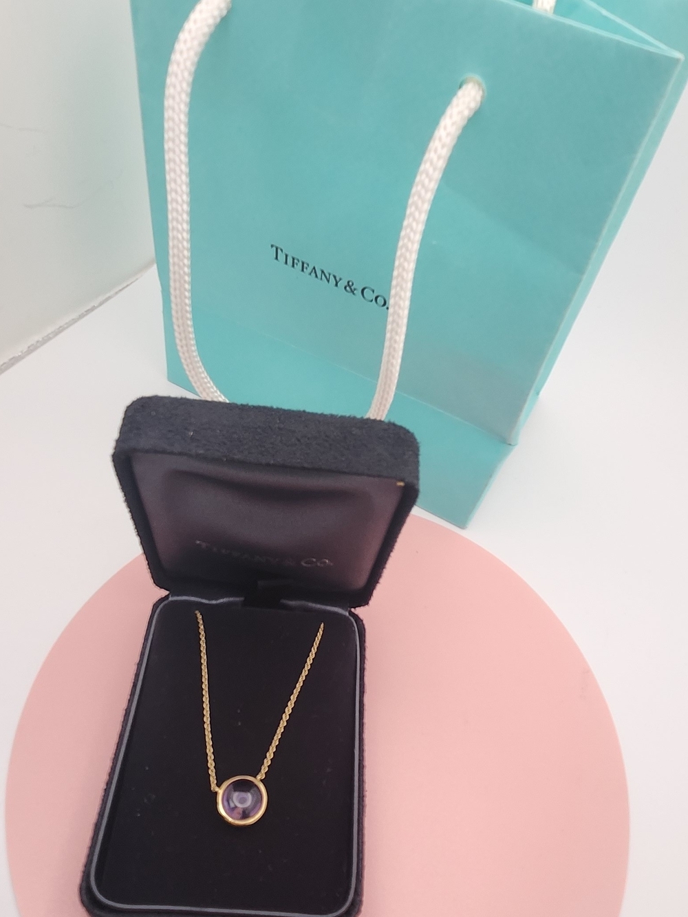 Tiffany & Co. Gold Chain Necklace with Purple Stone Pendant Weight 3.0g  18kGOLD